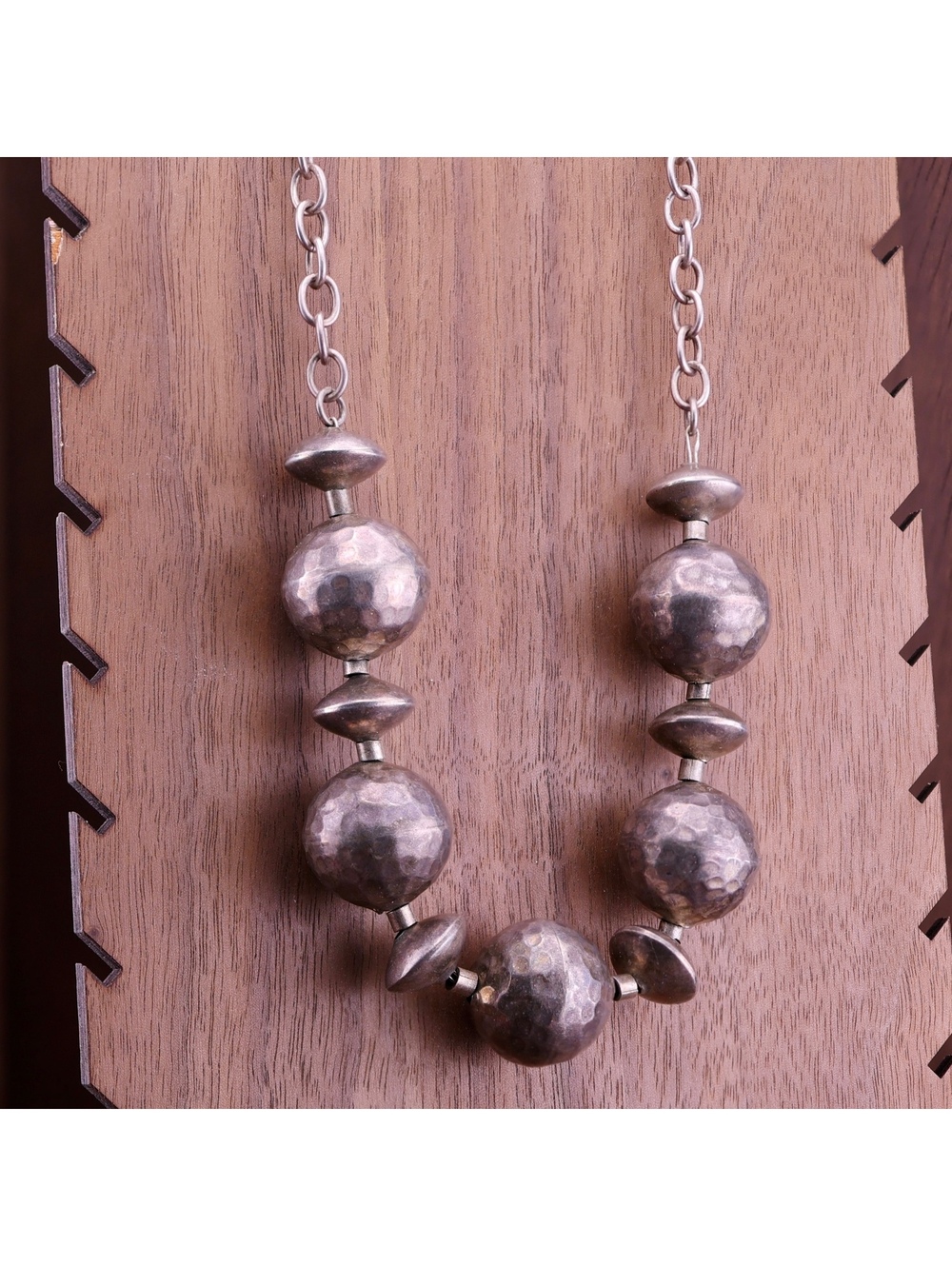 Vintage Taxco Sterling Silver Pillow Bead Necklace Heavy 79.6g Hand Hammered 18"